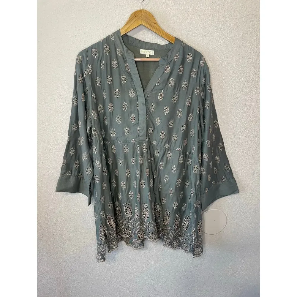 Ruby Yaya Boho Festival Style Green W/ Metallic Eyelet Long Sleeve Tunic XL - Picture 10 of 16